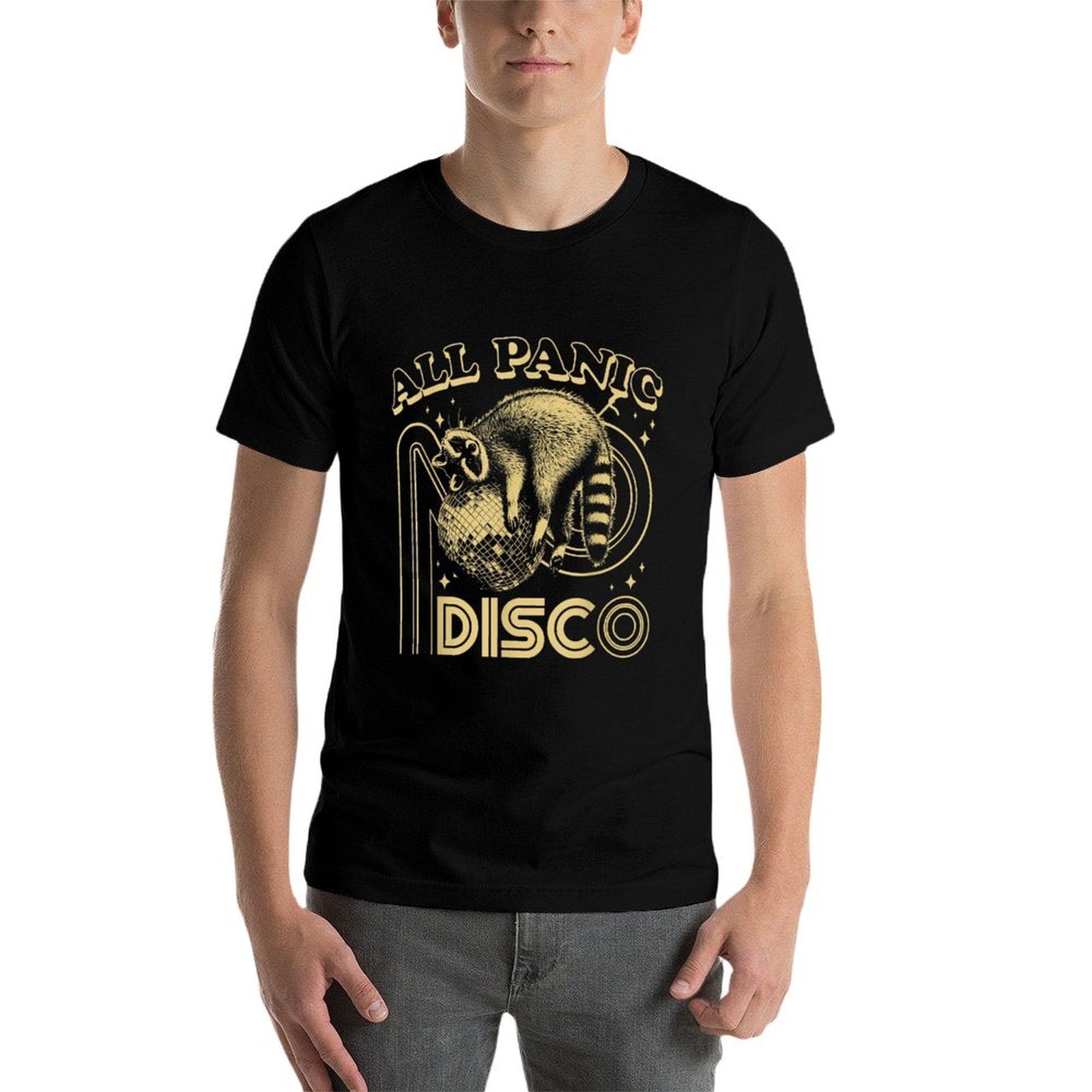 Funny Raccoon Meme All Panic No Disco Retro Street Cat Men Women Kids  Stretchy T-Shirt