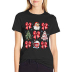 Retro Christmas Coquette Bow Santa Coffee Cake Holiday Women  Fade-proof Color T-Shirt