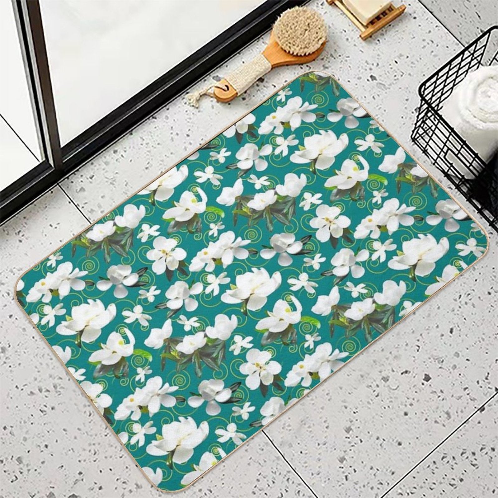 Bright Magnolia Floral Halfdrop on Teal 008080  Slip-Resistant Bath Mat