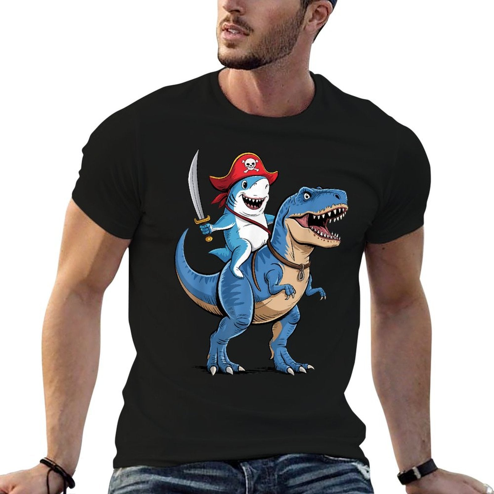 Shark Riding Dinosaur T Rex Pirate Funny Gifts For Boy Kids  Eco-friendly Material T-Shirt