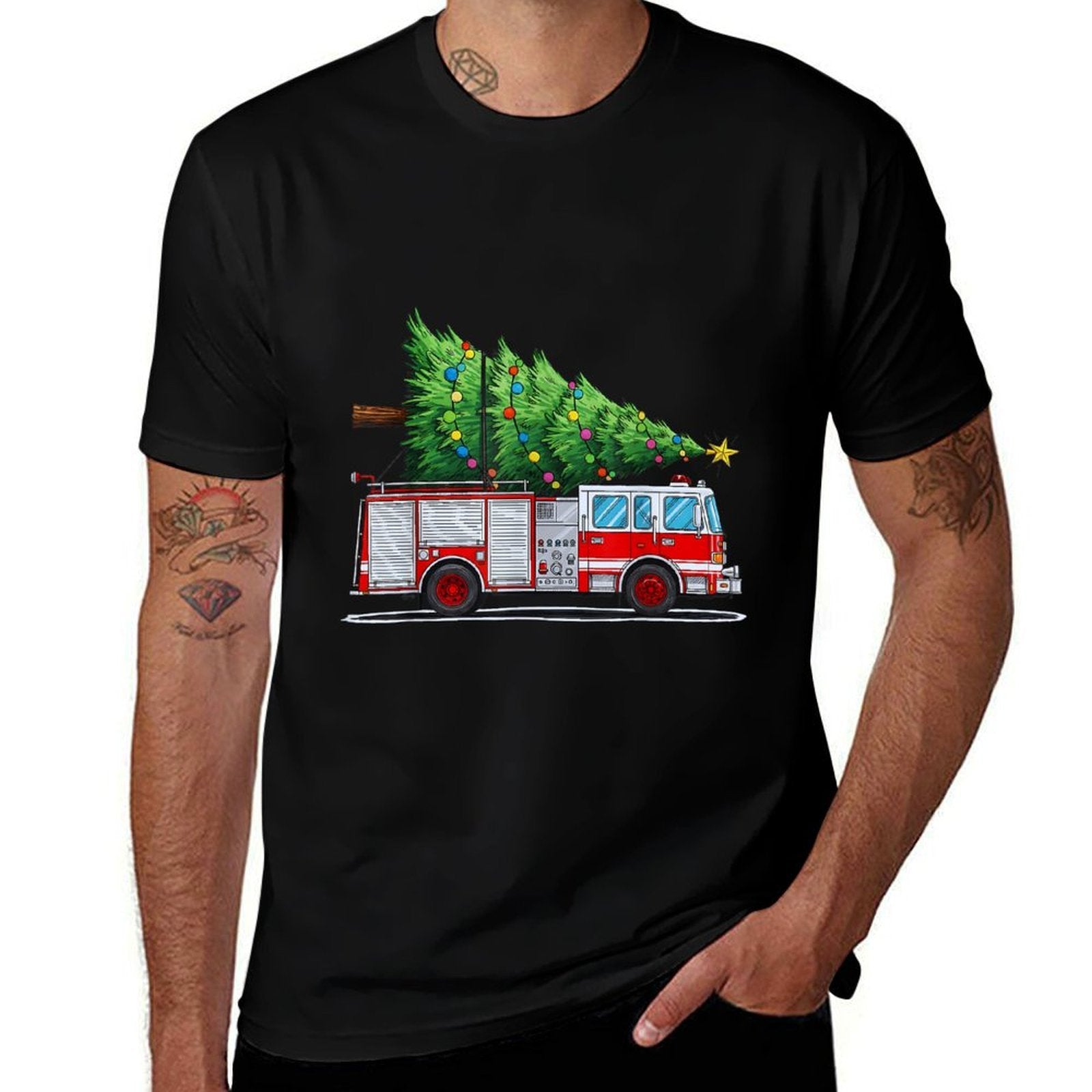 Fire Truck Christmas Tree Xmas Lights Firefighter Holiday  Oversized Silhouette T-Shirt