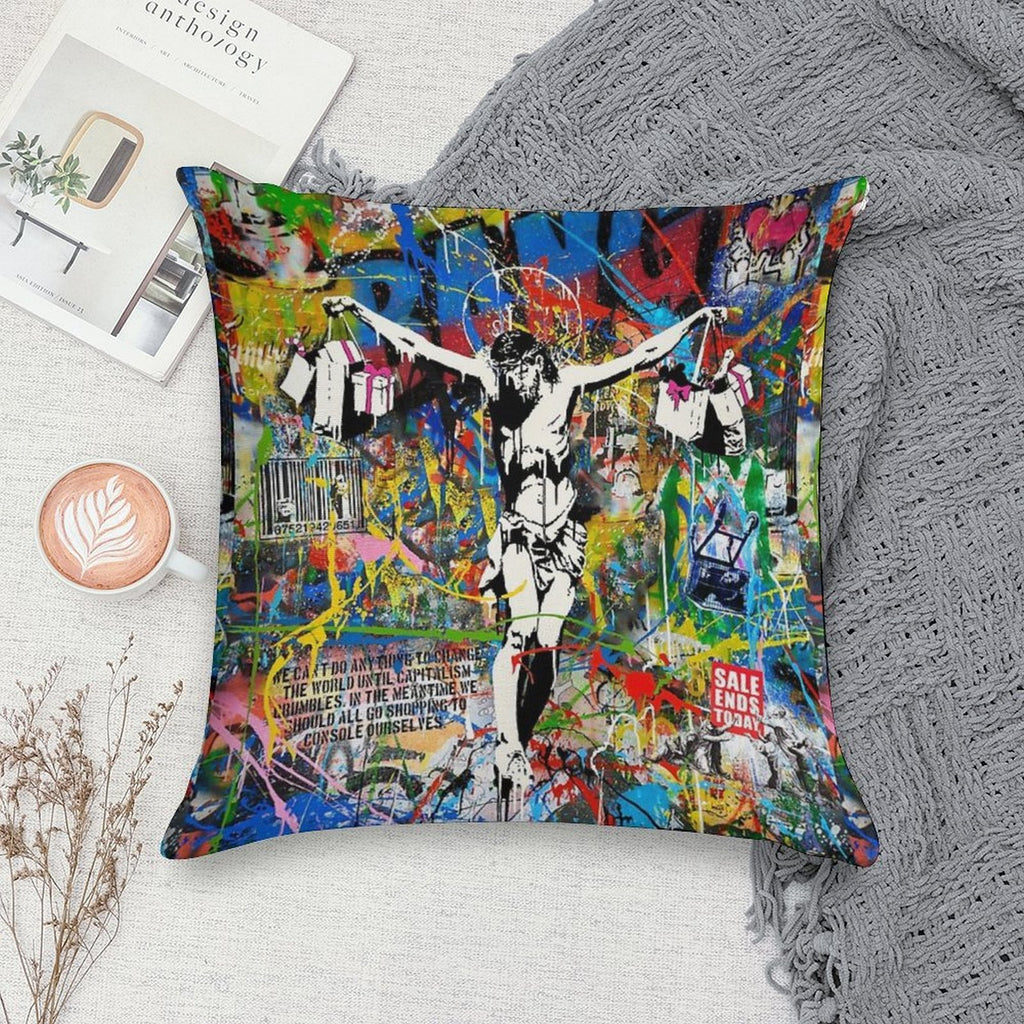 Banksy Shopping Jesus Pop Street Art Mashup Soft Skin-Friendly Throw Pillow