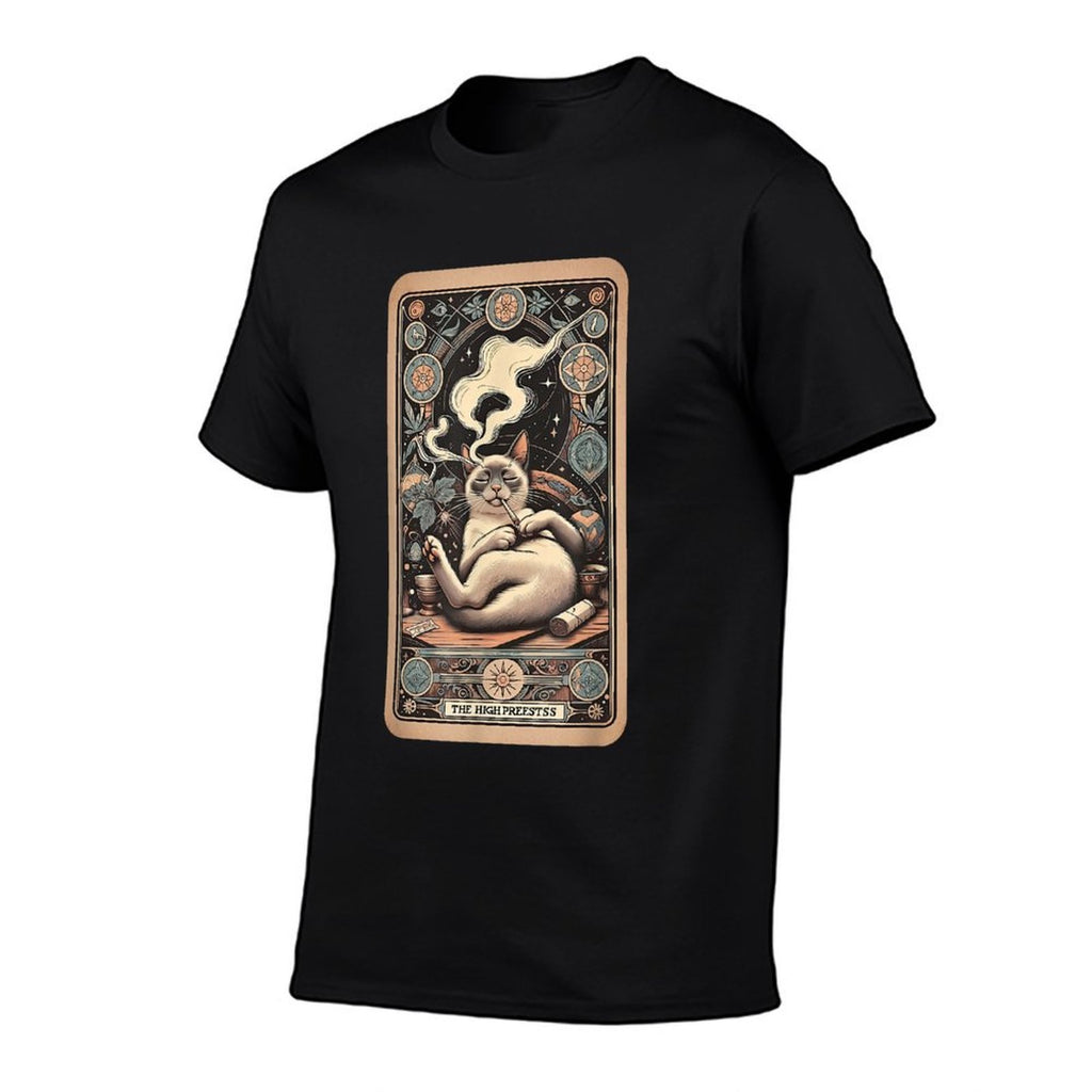 High Priestess Tarot Card Siamese Cat Smoking Weed Cannabis Men Women  Summer-ready Fabric T-Shirt