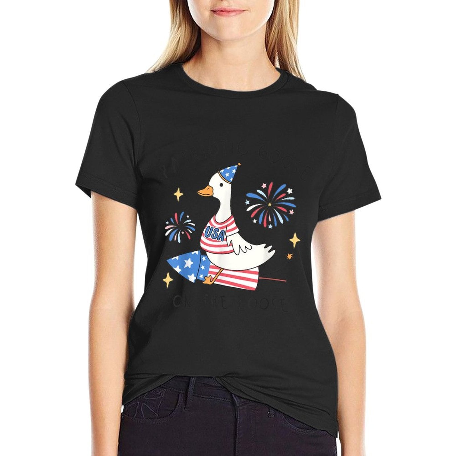 Patriotic Goose On The Loose Funny 4th of July Silly Goose  Versatile T-Shirt