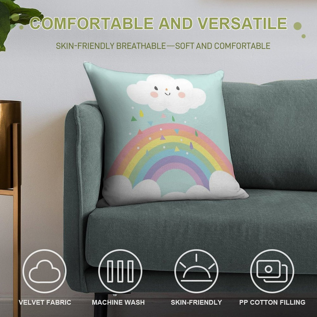 Rainbow Happy Little Cloud Pastel Rain And Sunshine Baby Nursery Art Print Canvas Design Soft Gift Ready Throw Pillow