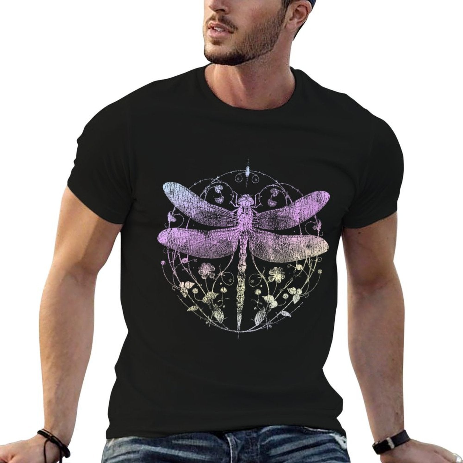 Womens Cute Casual Look Summer Vintage Dragonfly Print Top  Fade-proof Color T-Shirt