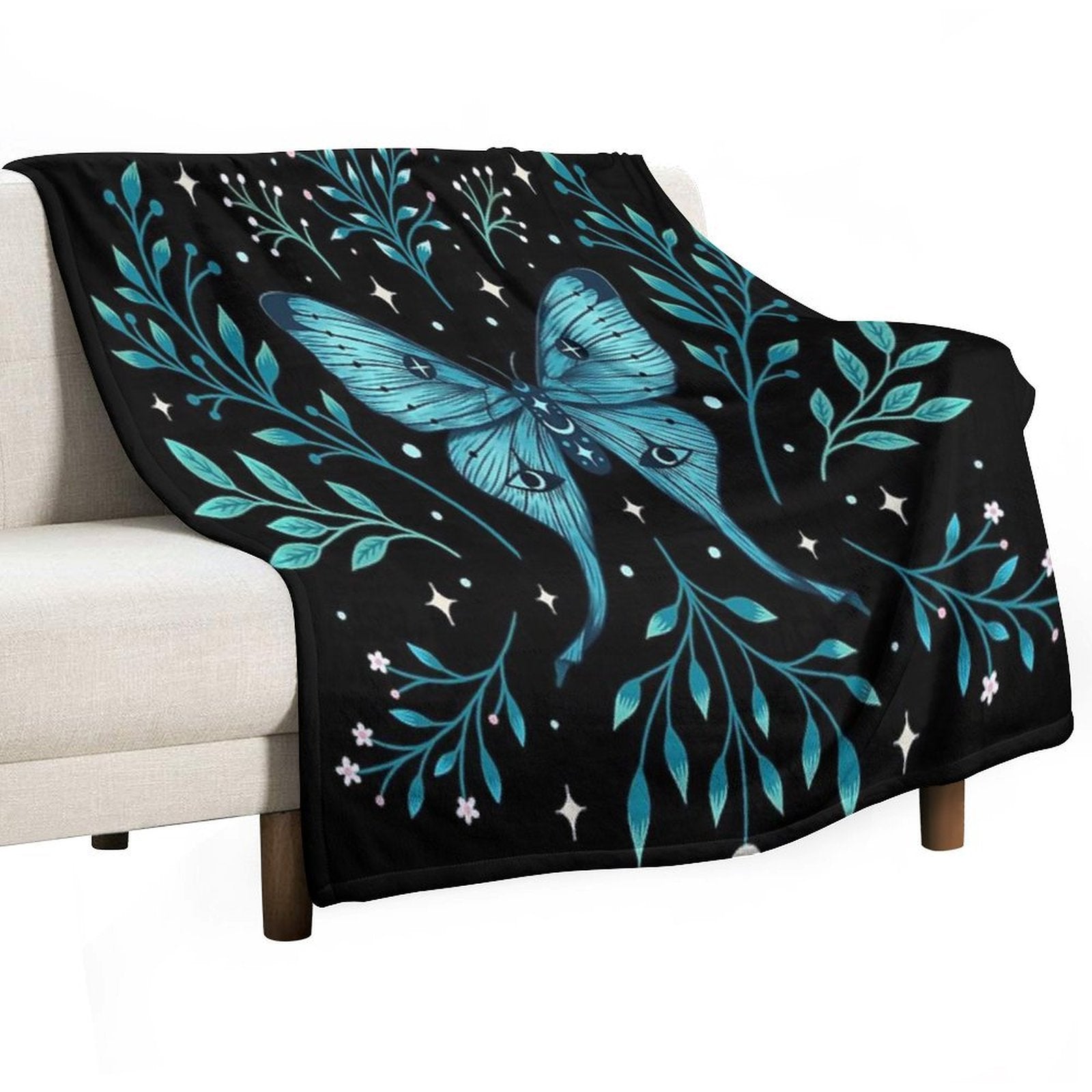 Mystical Moon Moth - Turquoise Eco-conscious Throw Blanket