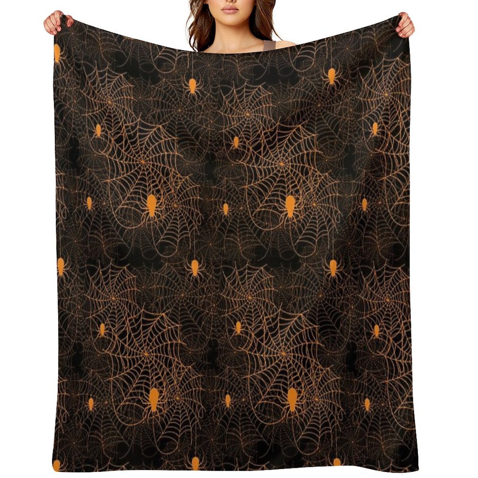 Halloween Spider Web Pattern Orange on Black Machine-washable Throw Blanket