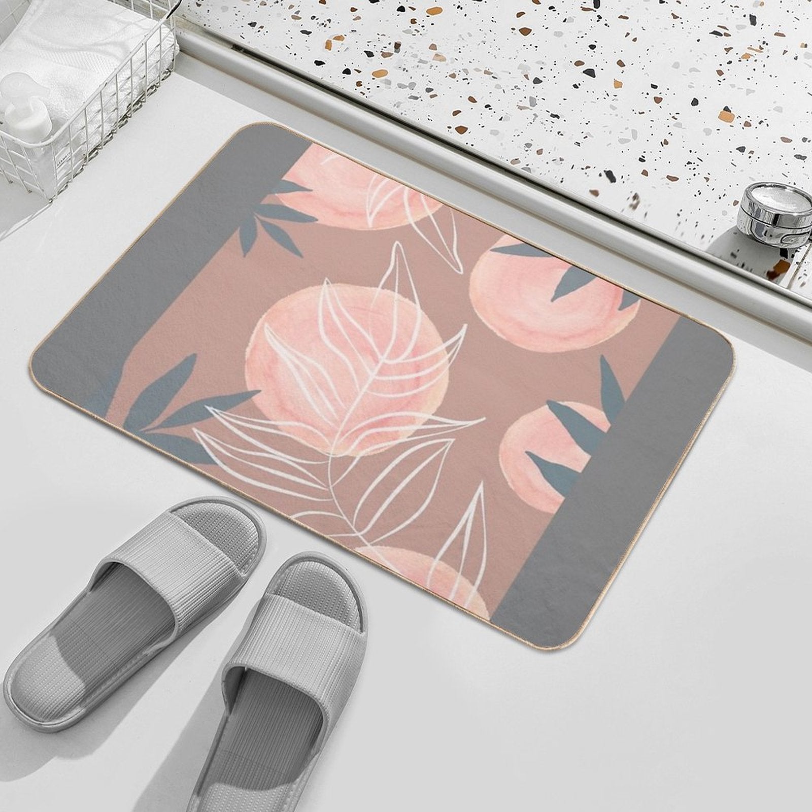 Botanical Leaf Pattern in The Colours Peach, Mauve, White And Blue  Stain-Proof Bath Mat