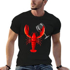 Womens Funny Wine Drinking Lobster Red Crawfish Wine Lovers Gift  Rolled Sleeves T-Shirt