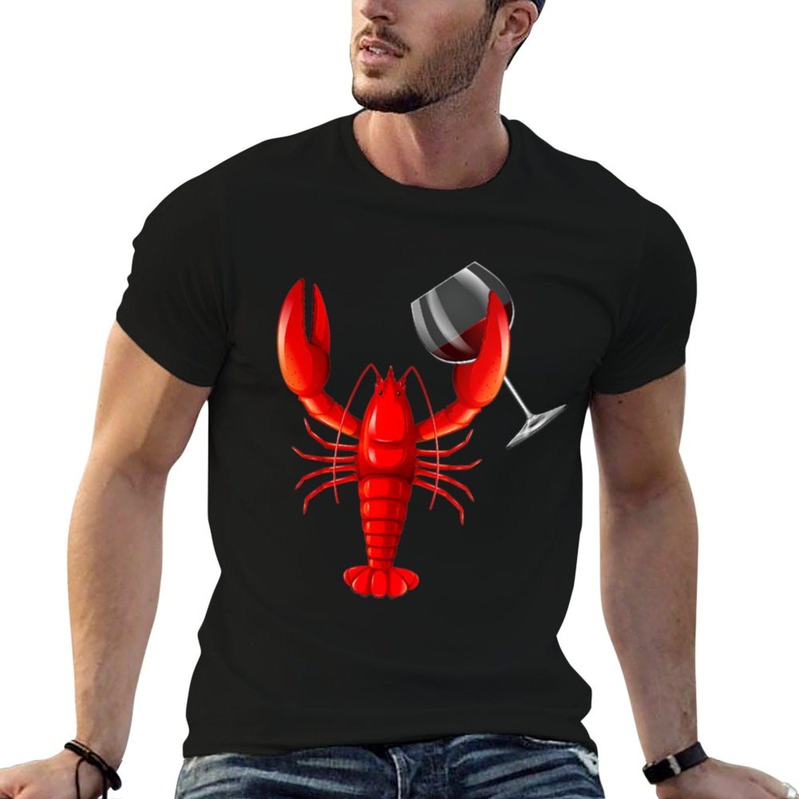 Womens Funny Wine Drinking Lobster Red Crawfish Wine Lovers Gift  Rolled Sleeves T-Shirt