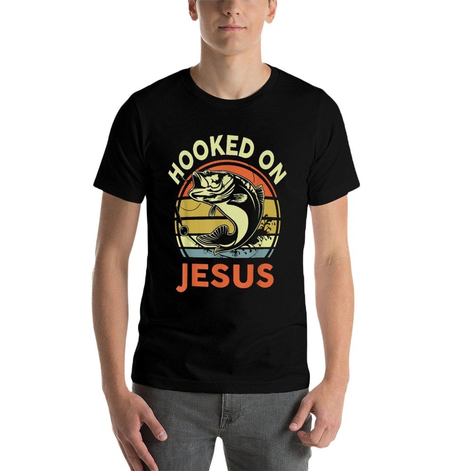 Mens Hooked on Jesus Christian Funny I You Love Bass Fishing  Breathable T-Shirt