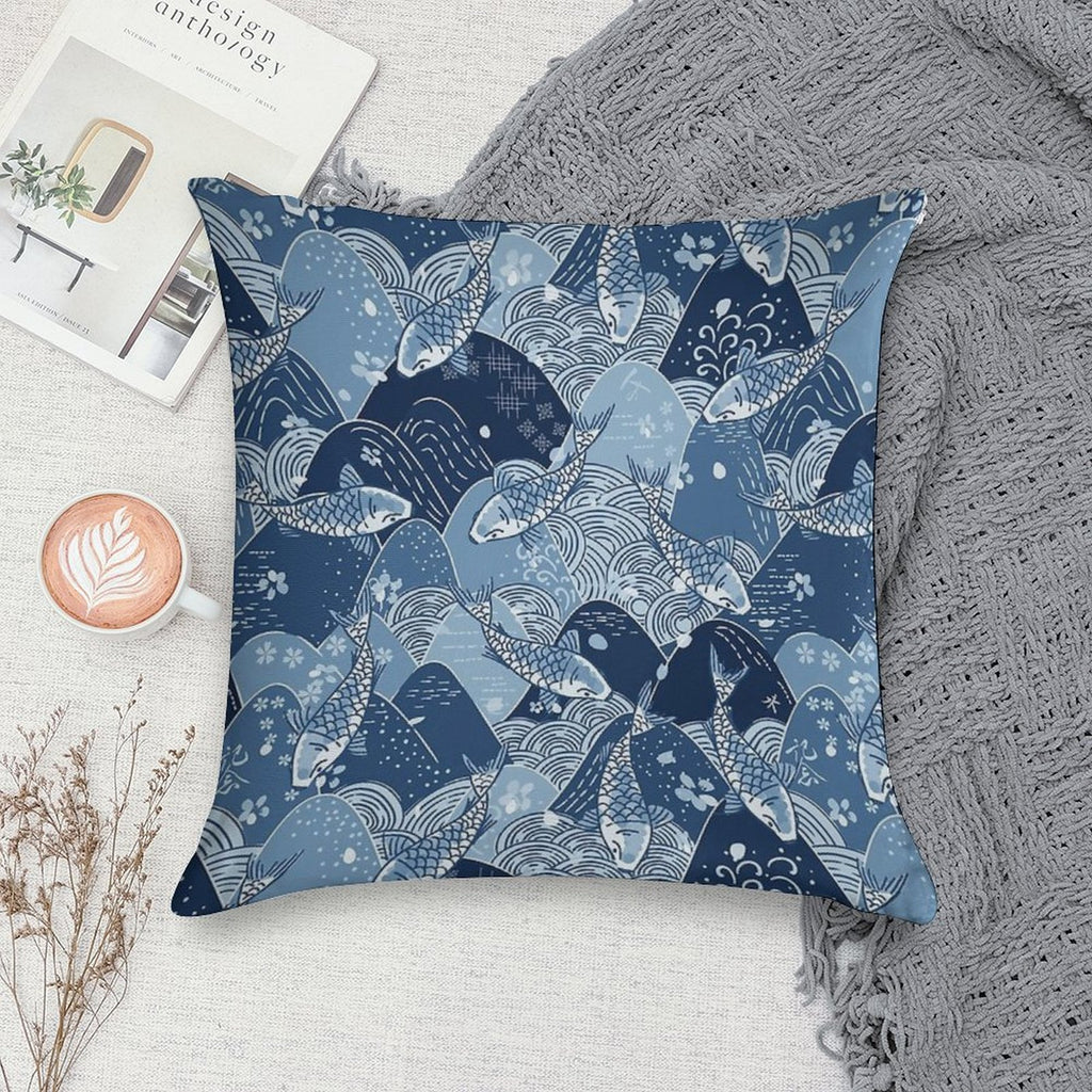 Japanese Koi Mountain Pattern Soft Durable Construction Throw Pillow
