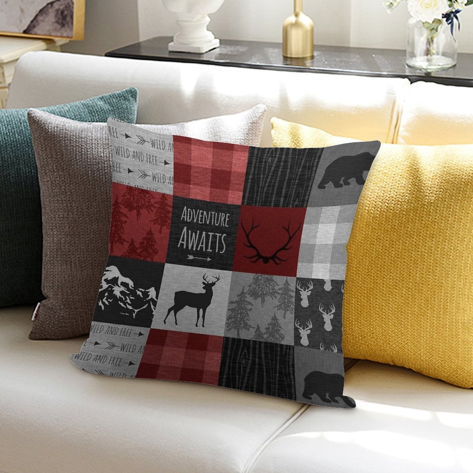 Adventure Awaits Patchwork - Red And Black Woodland Soft Fade-Resistant Throw Pillow