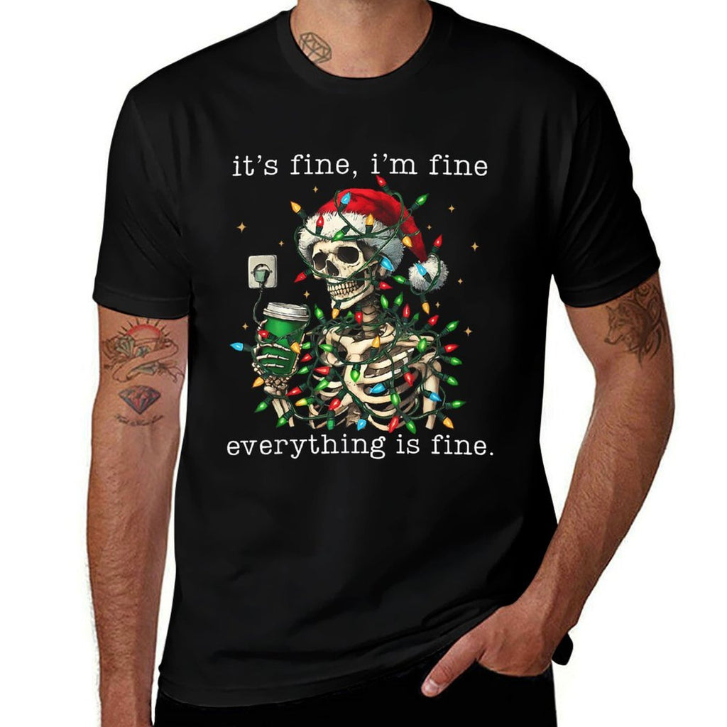 Its Fine Im Fine Everything Is Fine Christmas Skeleton  Rolled Sleeves T-Shirt