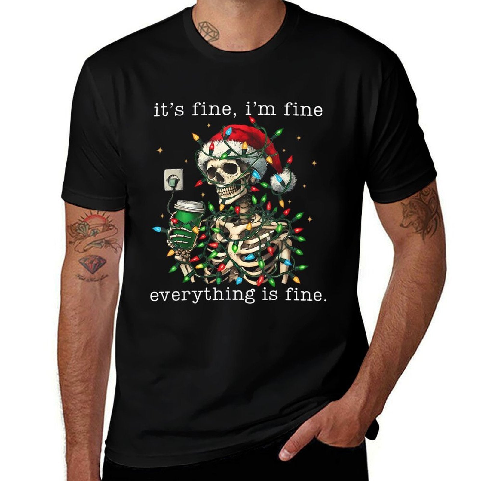 Its Fine Im Fine Everything Is Fine Christmas Skeleton  Rolled Sleeves T-Shirt