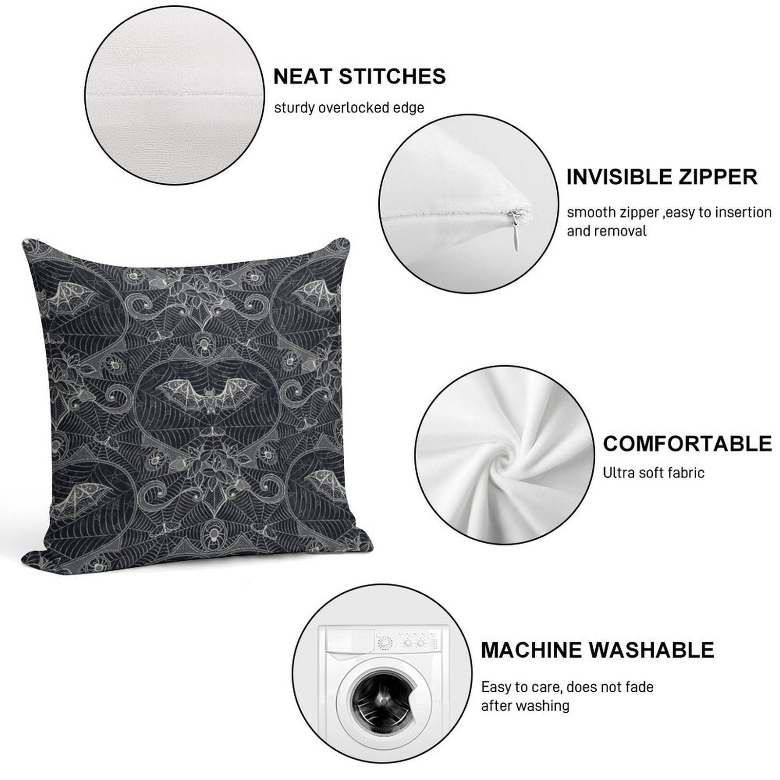 Gothic Halloween Lace - Bats - Black Soft Warmth Comfort Throw Pillow