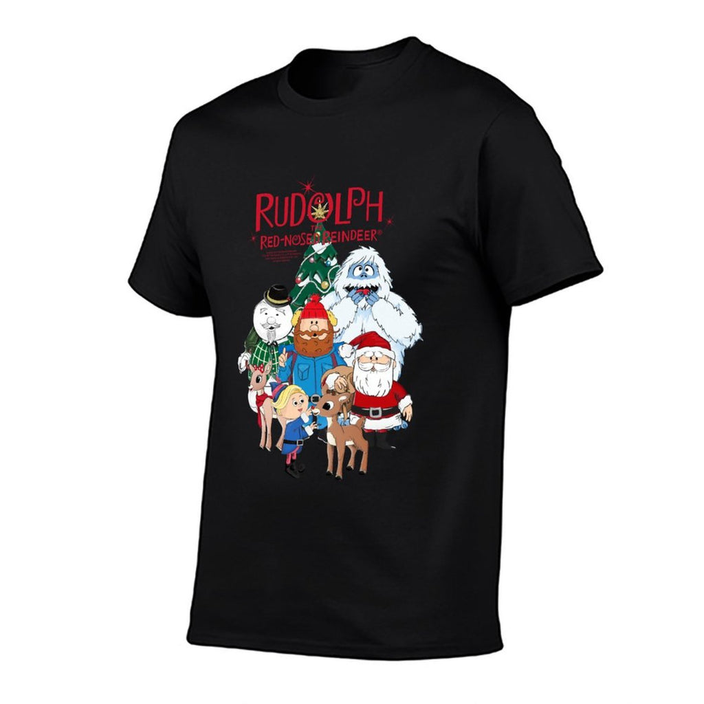 Rudolph Characters with Christmas Tree Retro Holiday  Ribbed Collar T-Shirt