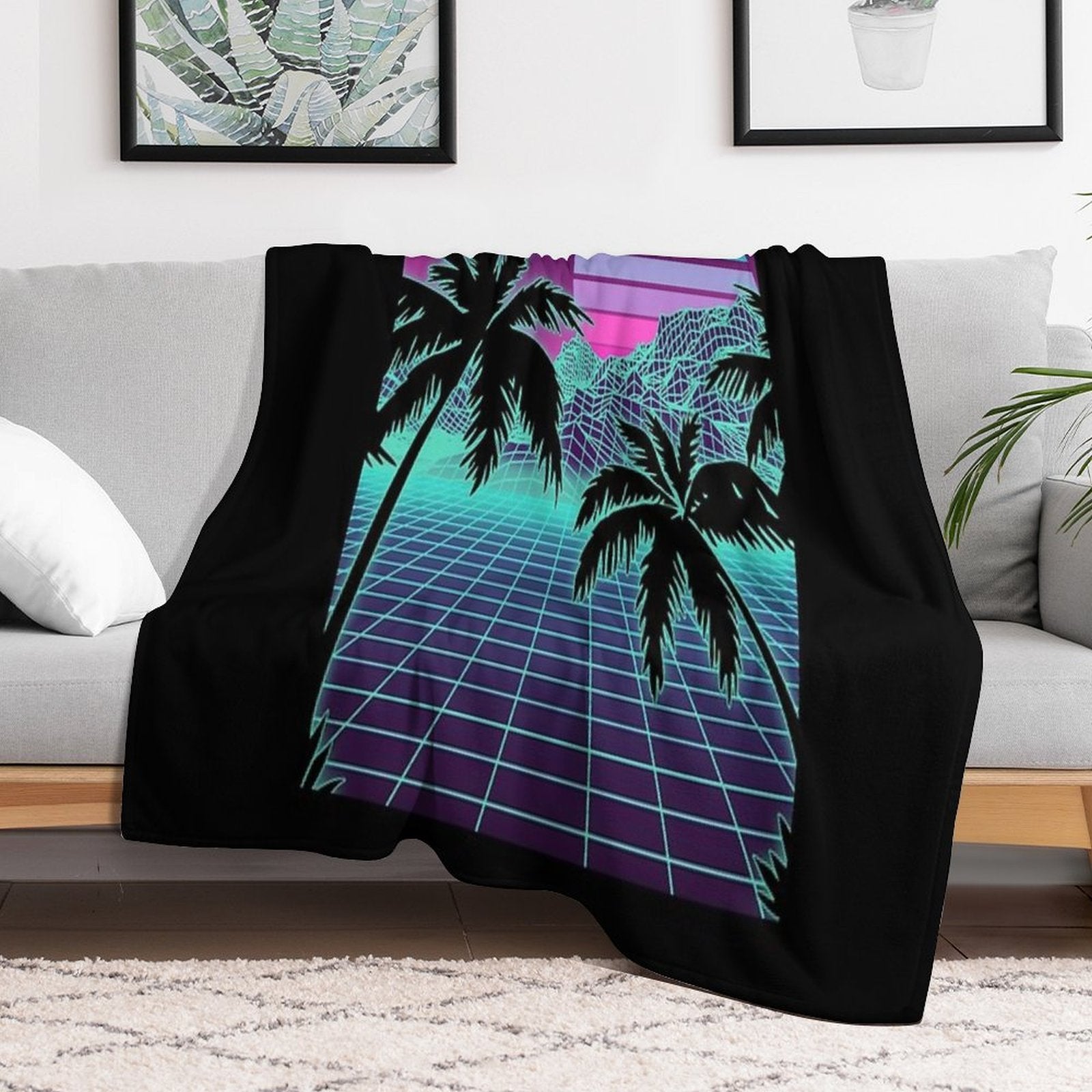 Retro 80s Vaporwave Sunset Sunrise With Outrun Style Grid Print Wrinkle-free Throw Blanket