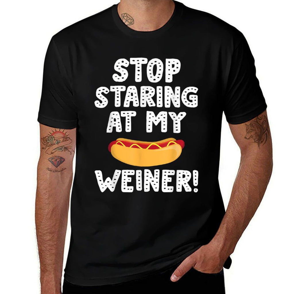 Stop Staring At My Weiner Funny Hog Dog Lover Foodie Men Women  Rolled Sleeves T-Shirt