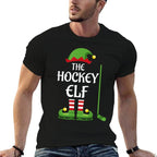 Hockey Elf Family Matching Group Christmas Sporty  Ribbed Collar T-Shirt