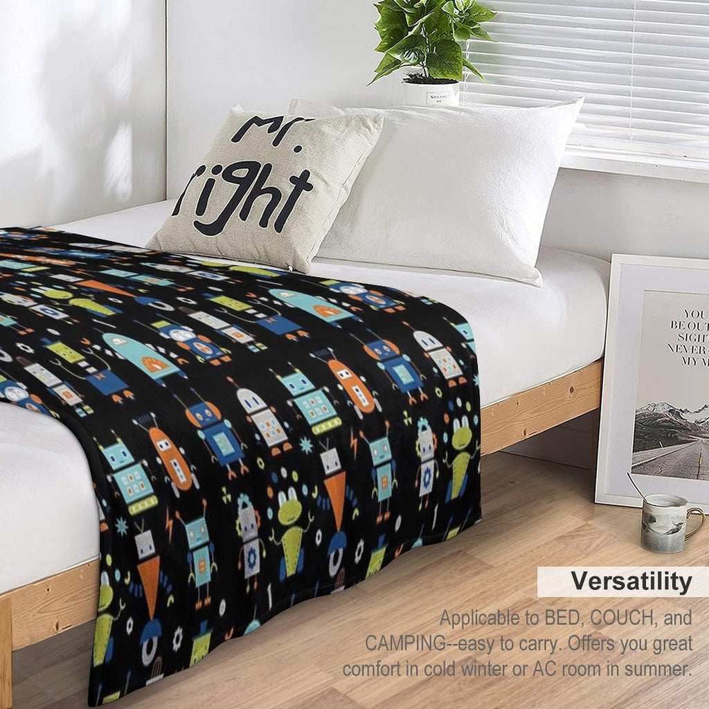 Robots Pattern Black Lightweight Throw Blanket