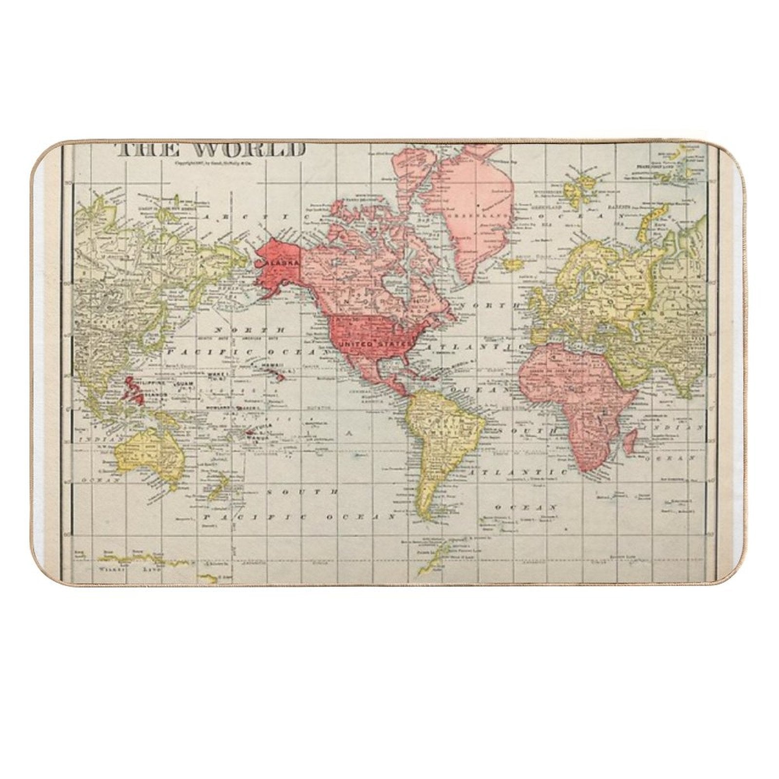 Vintage Historical Detailed Red Yellow Color USA Centric World Map Boho  High-Traffic Bath Mat