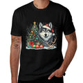 Cute Wolf With Christmas Tree Wearing Santa Hat  Easy-care T-Shirt