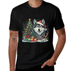 Cute Wolf With Christmas Tree Wearing Santa Hat  Easy-care T-Shirt