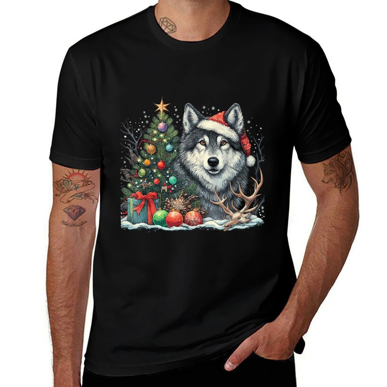 Cute Wolf With Christmas Tree Wearing Santa Hat  Easy-care T-Shirt