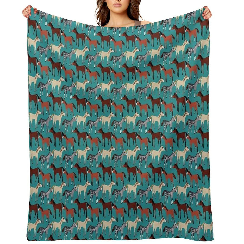 Horse Pattern in Aquamarine Blue Multi-functional Throw Blanket