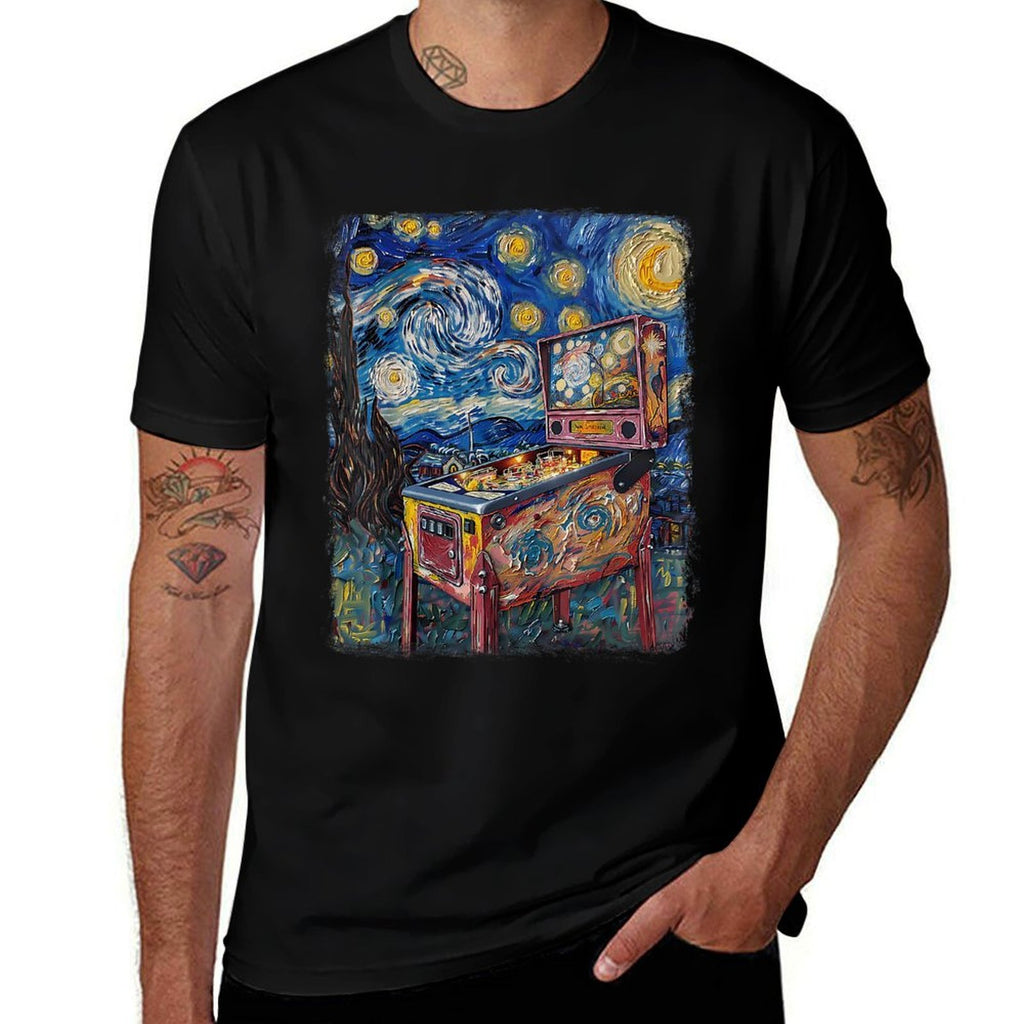 Pinball Arcade Game Machine Starry Night Painting  Ribbed Collar T-Shirt