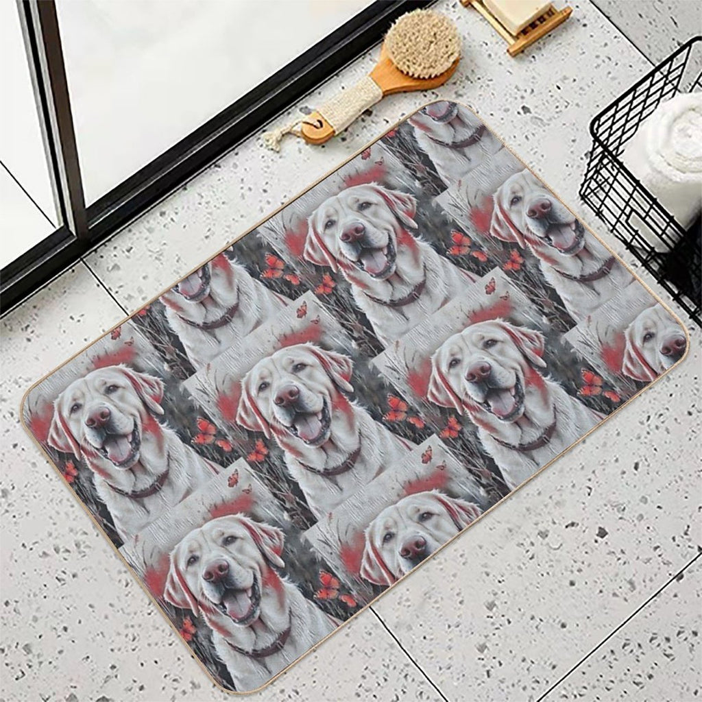 1 Happy Dog And Dozens of Butterflies in A Joyful Field Scene  Long-Lasting Bath Mat