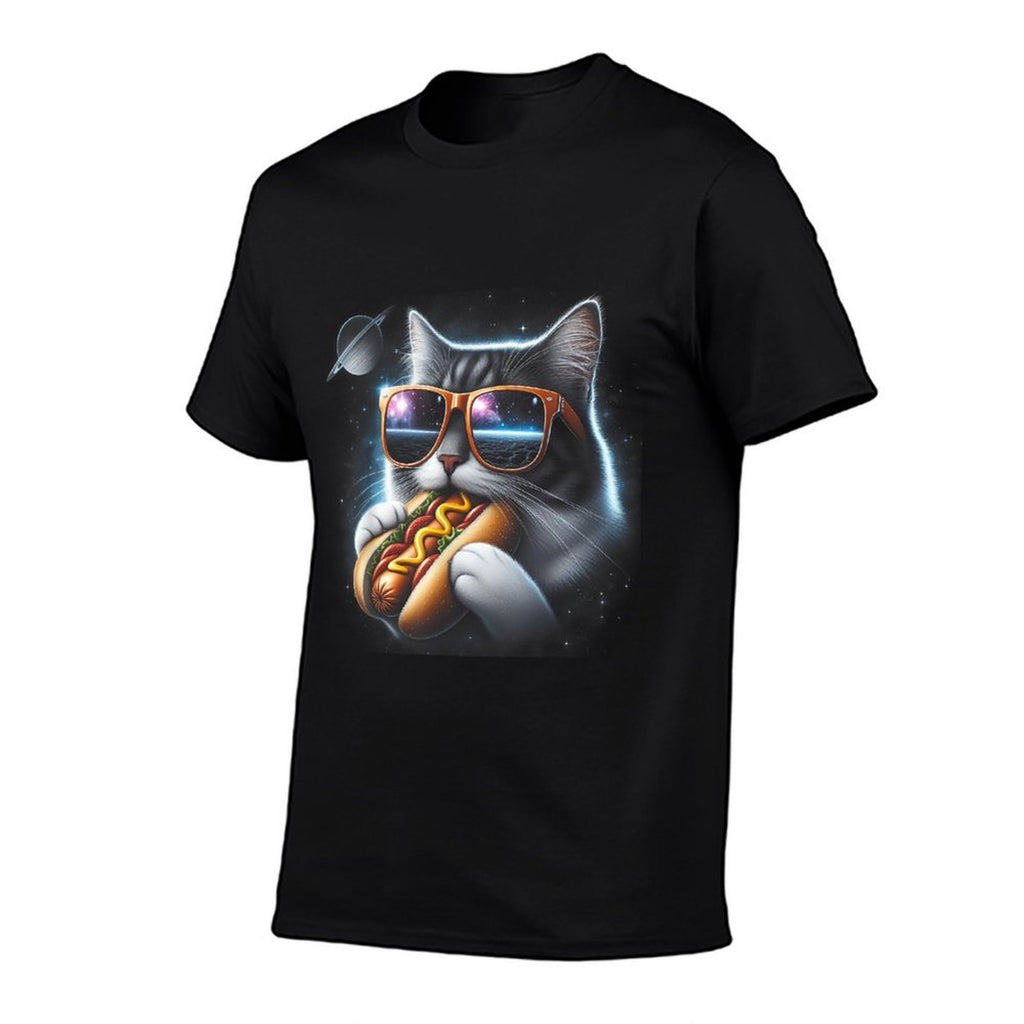 Funny Cat Eating Hotdog in Space Kitty Space Galaxy Men Women Kids  High-quality Stitching T-Shirt