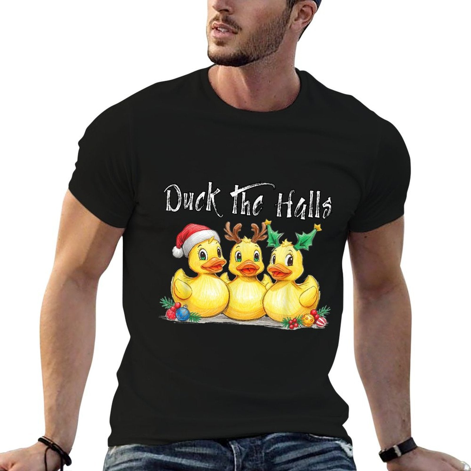 Duck The Halls Santa Hat Reindeer Ears Holly Christmas Fun  Heathered Texture T-Shirt