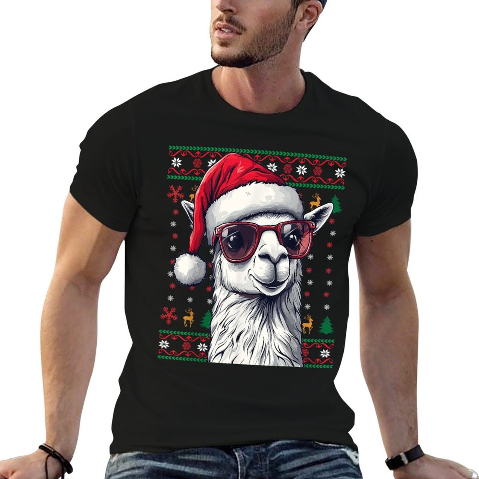 Llama Santa Hat Ugly Christmas Funny Holiday Llama Lover  Cotton T-Shirt