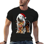 Old English Sheepdog Santa Hat Christmas Lights Dog Owner  Polyester Blend T-Shirt