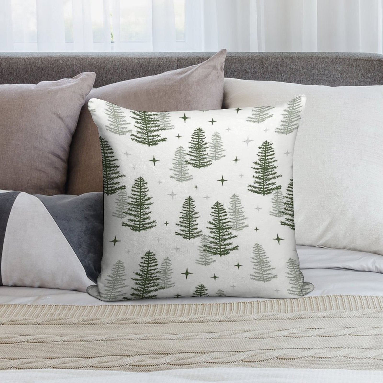 Christmas Night with Green Trees Soft Hidden Zipper Throw Pillow