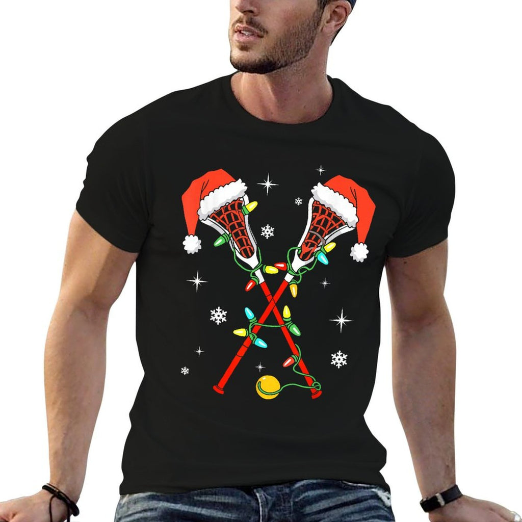 Lacrosse Player Xmas Lights Santa Hat Lacrosse Christmas  Polyester Blend T-Shirt