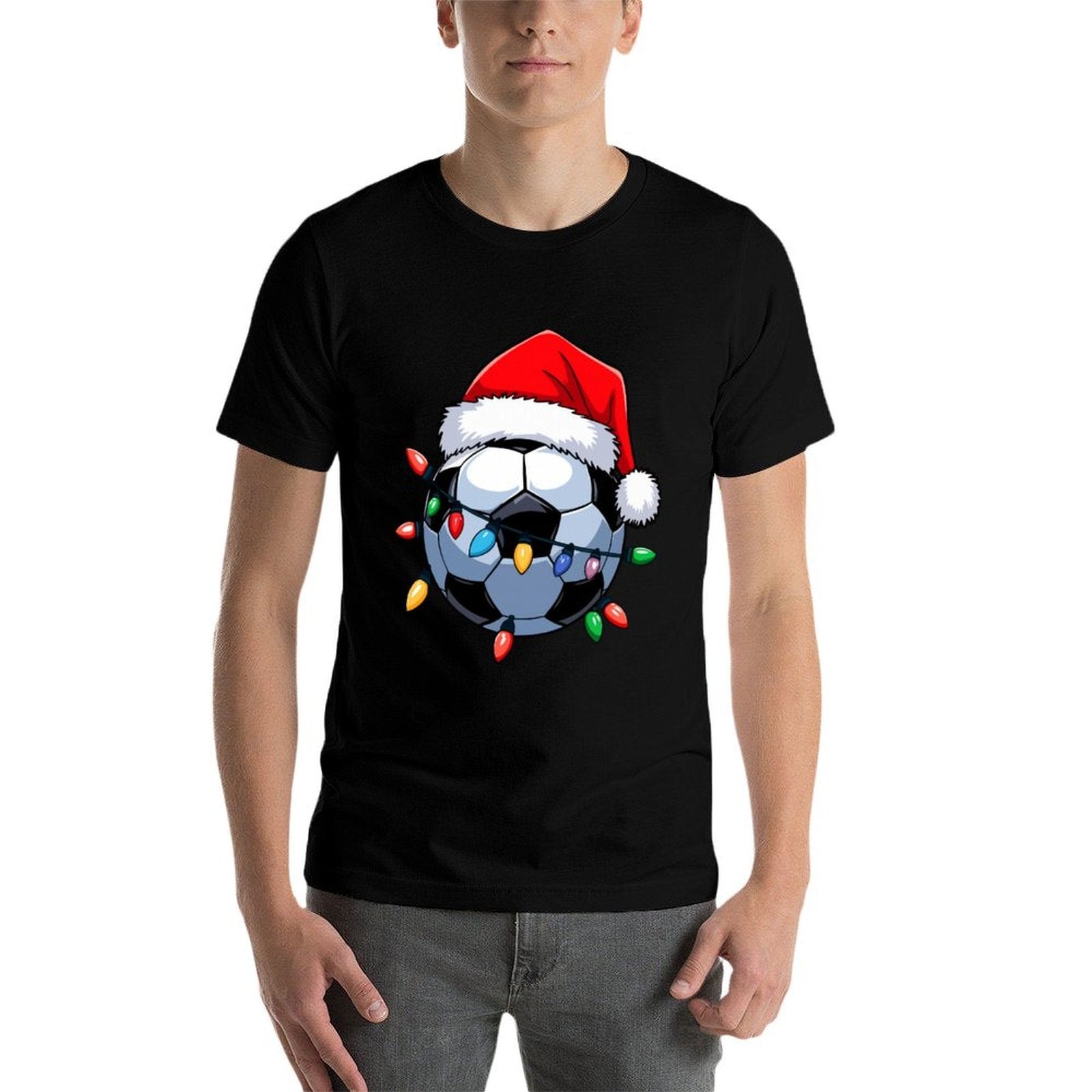 Santa Soccer Ball Christmas Lights Boys Men Soccer Player  Rolled Sleeves T-Shirt