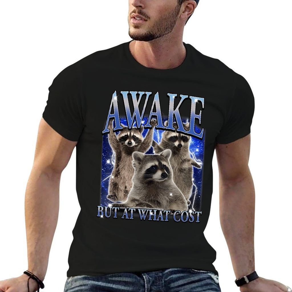 Awake But At What Cost Retro Raccoon Meme Sarcastic Sayings  Relaxed-fit T-Shirt