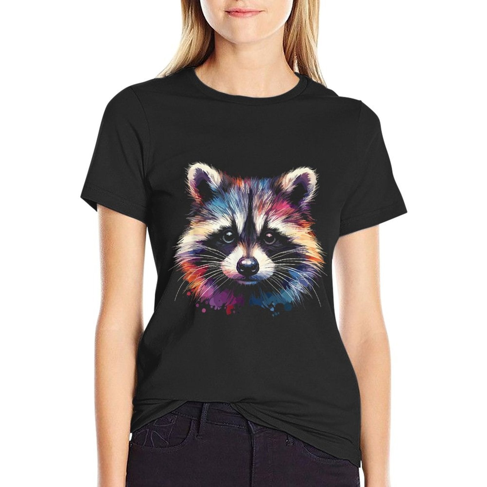 Watercolor Raccoon Gift Unisex-Child Raccoon Black Small Modern Classic Polyester 100 Collarless All Seasons Pull On 1 Count  Easy-care T-Shirt