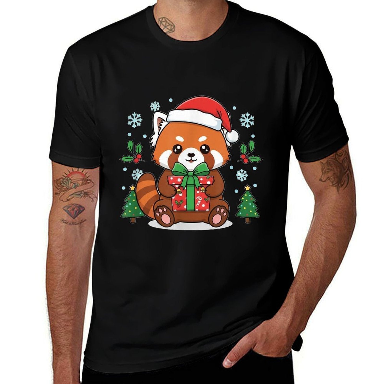 Kawaii Red Panda with Santa Hat - Christmas Celebration  Rolled Sleeves T-Shirt