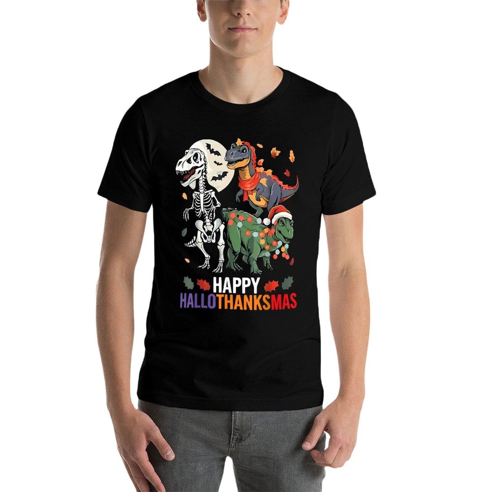 Hallothanksmas Halloween Thanksgiving Christmas Dinosaur  Polyester Blend T-Shirt