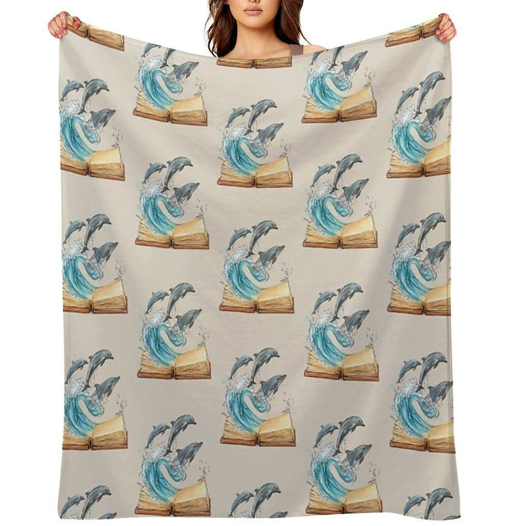 Dolphins Jumping from Old Book Watercolor Illustration Wrinkle-free Throw Blanket