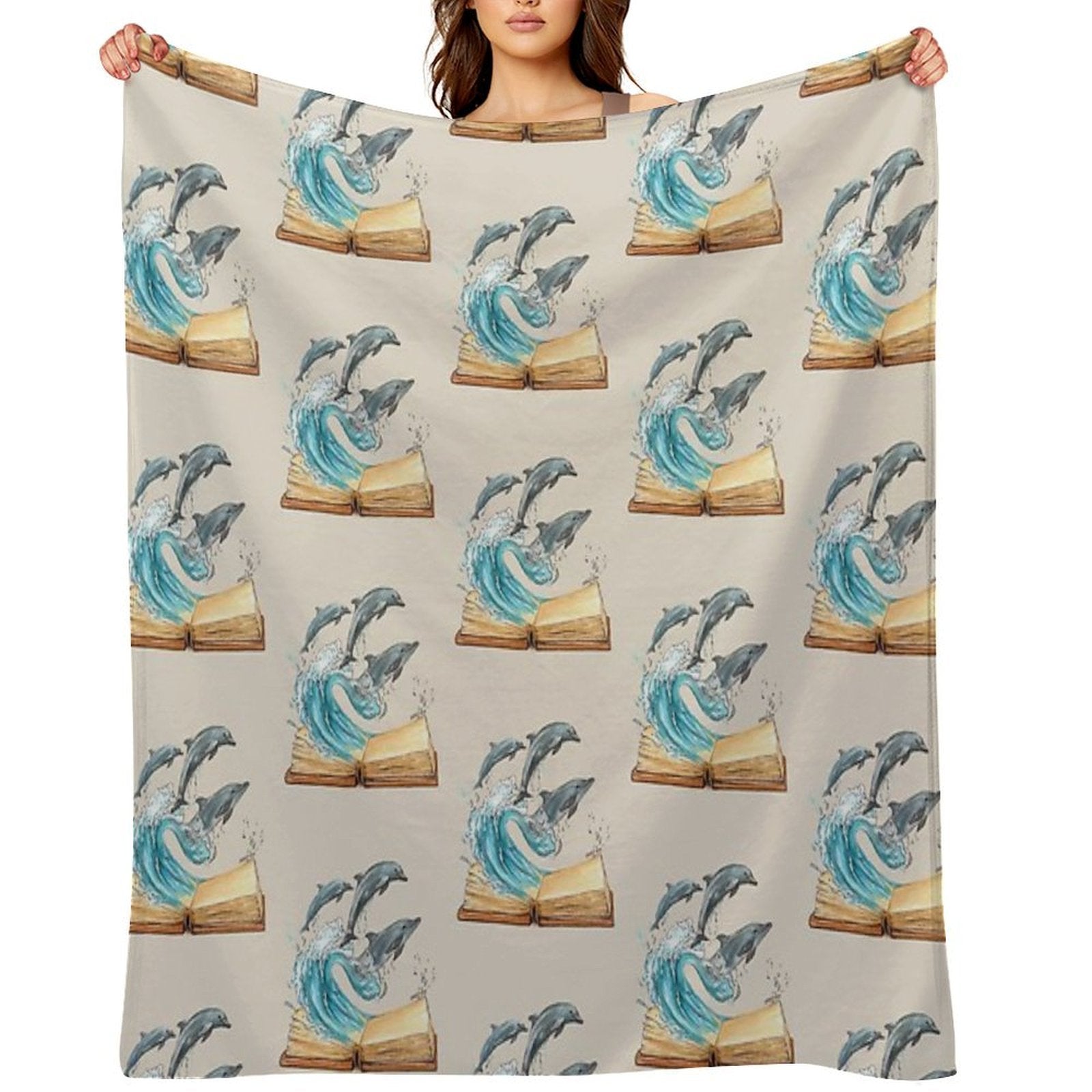 Dolphins Jumping from Old Book Watercolor Illustration Wrinkle-free Throw Blanket