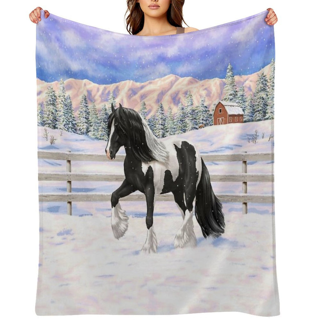 Black Pinto Piebald Gypsy Vanner Draft Horse In Snow Easy Care Throw Blanket