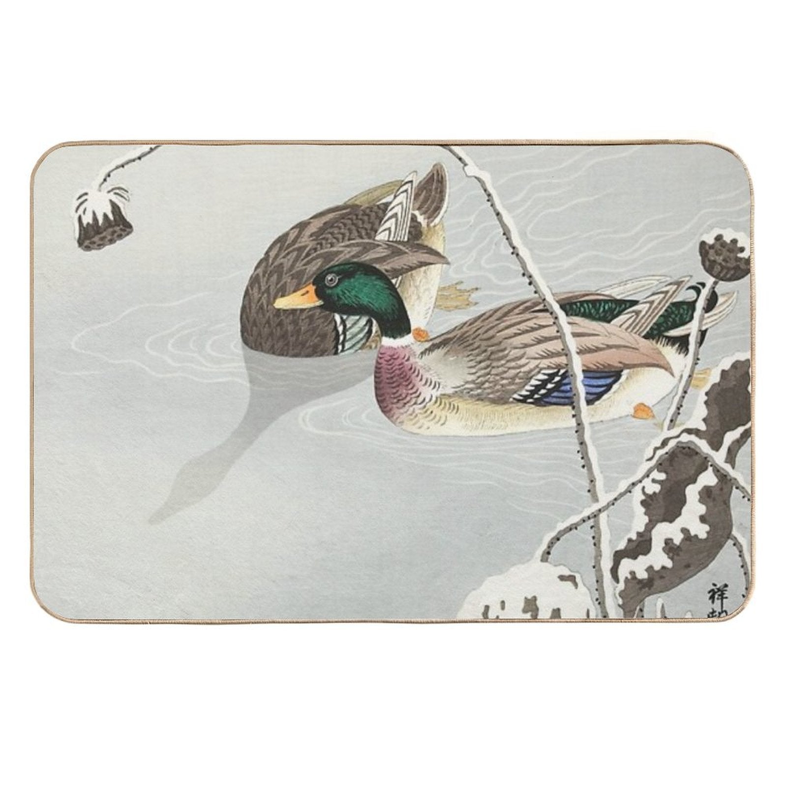 Japanese Woodblock Print of  Two Mallards  by Ohara Koson  Long-Lasting Bath Mat