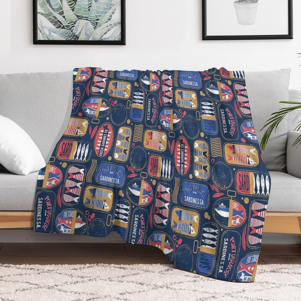 Vintage Canned Sardines  Navy Blue Background Electric Blue And Mandy Red Cans Premium Throw Blanket