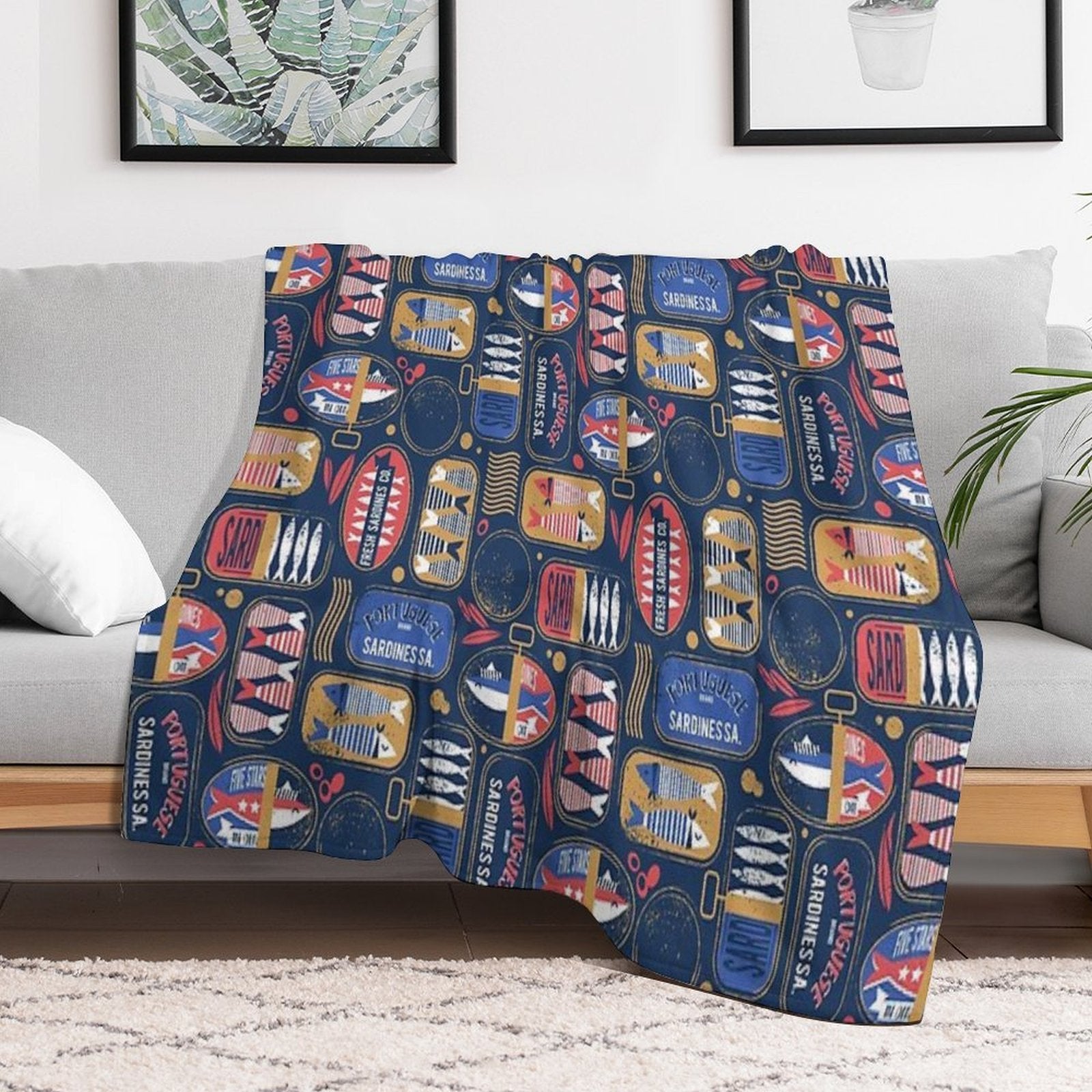 Vintage Canned Sardines  Navy Blue Background Electric Blue And Mandy Red Cans Premium Throw Blanket